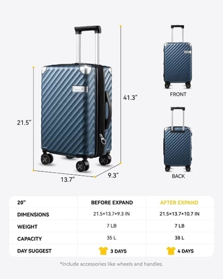 Carry On Baggage 22x14x9 Airline Approved - 35L Polycarbonate Expandable Hard Shell Suitcase con ruote giratorie