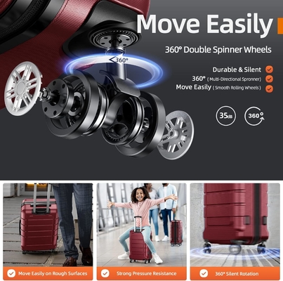 Set bagagli espandibile PC+ABS Valigia resistente doppie ruote TSA Lock 3pcs Vino rosso