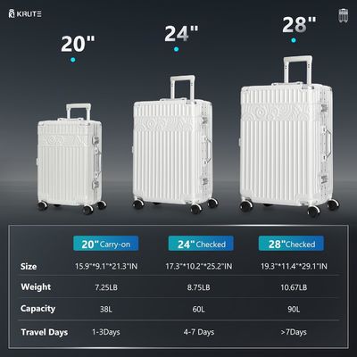 Bagaglio senza cerniera con 4 ruote Valigia a guscio duro da 20 pollici con PC + ABS TSA Lock 4 Metal Corner Bianco