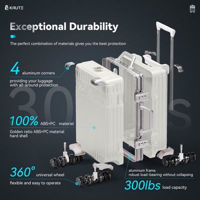 Bagaglio senza cerniera con 4 ruote Valigia a guscio duro da 20 pollici con PC + ABS TSA Lock 4 Metal Corner Bianco