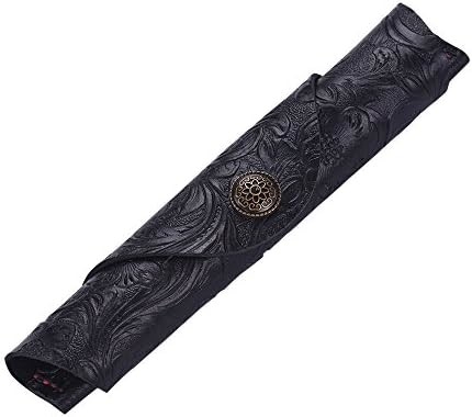 Vintage Handmade Leather Single Pen Case Holder Cowhide Fountain Pen Sleeve Roll Wrap Pen Bag (Black Carved)