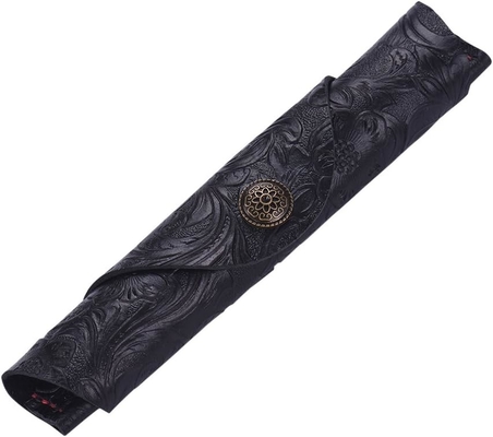 Vintage Handmade Leather Single Pen Case Holder Cowhide Fountain Pen Sleeve Roll Wrap Pen Bag (Black Carved)