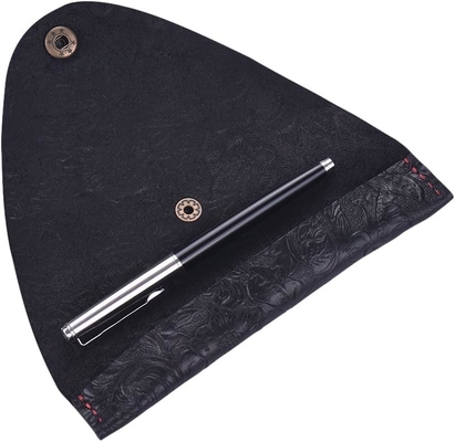 Vintage Handmade Leather Single Pen Case Holder Cowhide Fountain Pen Sleeve Roll Wrap Pen Bag (Black Carved)