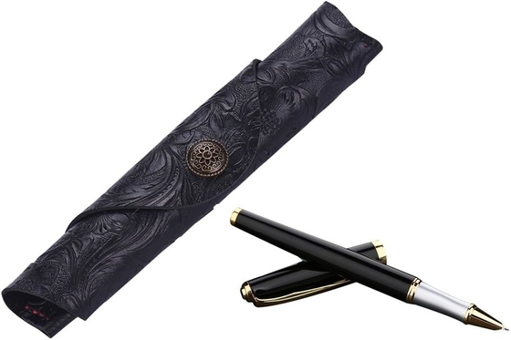 Vintage Handmade Leather Single Pen Case Holder Cowhide Fountain Pen Sleeve Roll Wrap Pen Bag (Black Carved)