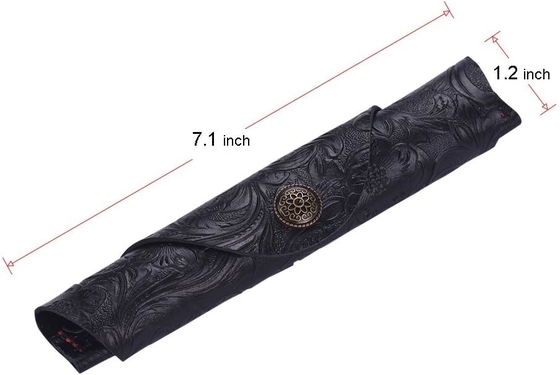 Vintage Handmade Leather Single Pen Case Holder Cowhide Fountain Pen Sleeve Roll Wrap Pen Bag (Black Carved)