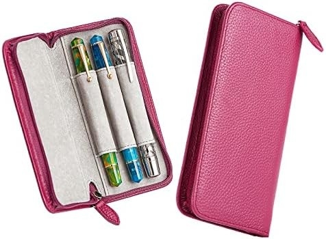 Cassa per penna da scrivere in pelle originale con 3 fessure, colore nero, sacchetto con cerniera
