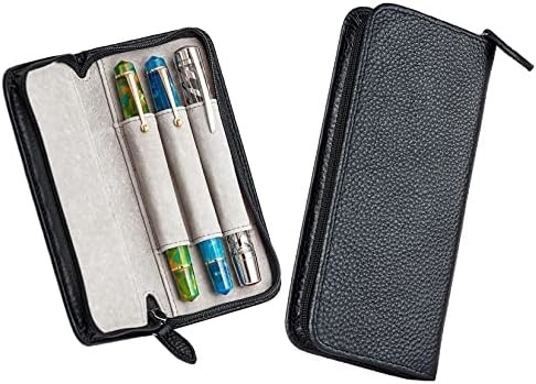 Cassa per penna da scrivere in pelle originale con 3 fessure, colore nero, sacchetto con cerniera