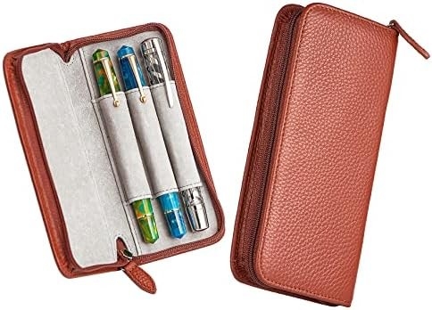 Cassa per penna da scrivere in pelle originale con 3 fessure, colore nero, sacchetto con cerniera