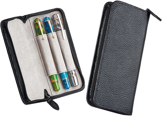 Cassa per penna da scrivere in pelle originale con 3 fessure, colore nero, sacchetto con cerniera