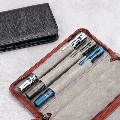 Cassa per penna da scrivere in pelle originale con 3 fessure, colore nero, sacchetto con cerniera