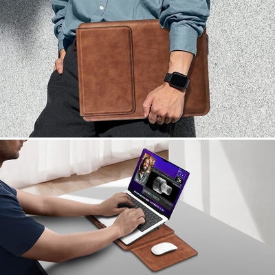 Cassa per laptop MacBook Air 13.6M3 M2 A3113 A2681/MacBook Pro 14 A2992-PU Copertura di borsa sottile in pelle con funzione di supporto, marrone