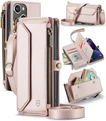 Cassa per iPhone 13, portafoglio con cerniera con 7 carte, braccialetto magnetico in pelle.