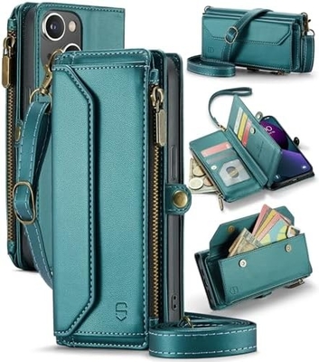 Cassa per iPhone 13, portafoglio con cerniera con 7 carte, braccialetto magnetico in pelle.