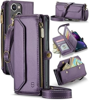 Cassa per iPhone 13, portafoglio con cerniera con 7 carte, braccialetto magnetico in pelle.