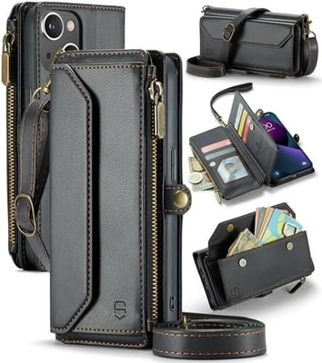Cassa per iPhone 13, portafoglio con cerniera con 7 carte, braccialetto magnetico in pelle.