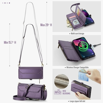Cassa per iPhone 13, portafoglio con cerniera con 7 carte, braccialetto magnetico in pelle.