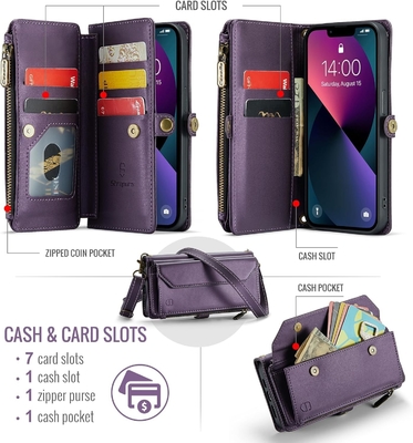 Cassa per iPhone 13, portafoglio con cerniera con 7 carte, braccialetto magnetico in pelle.