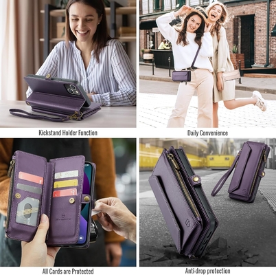 Cassa per iPhone 13, portafoglio con cerniera con 7 carte, braccialetto magnetico in pelle.