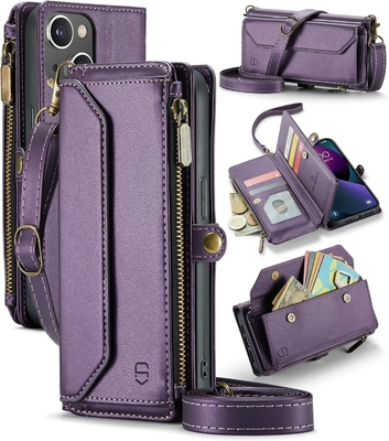 Cassa per iPhone 13, portafoglio con cerniera con 7 carte, braccialetto magnetico in pelle.