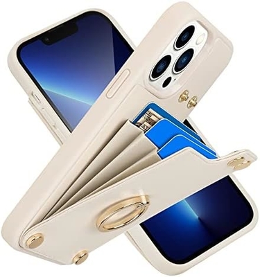Portatori di carte con iPhone 13 Pro Max, portatore di anello rotante a 360°, porta carte in pelle, cover antiurto RFID,