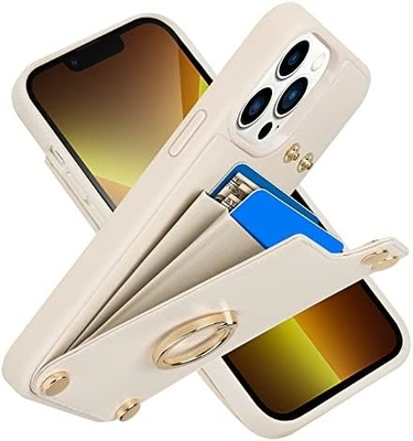 Portatori di carte con iPhone 13 Pro Max, portatore di anello rotante a 360°, porta carte in pelle, cover antiurto RFID,
