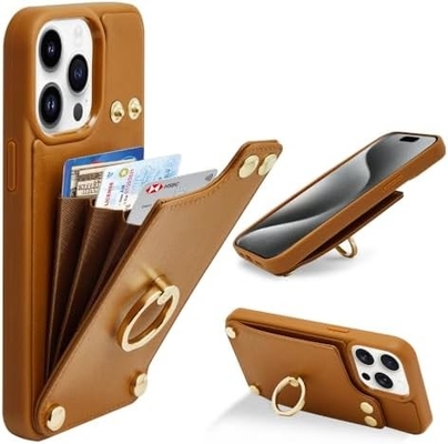 Portatori di carte con iPhone 13 Pro Max, portatore di anello rotante a 360°, porta carte in pelle, cover antiurto RFID,