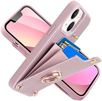 Portatori di carte con iPhone 13 Pro Max, portatore di anello rotante a 360°, porta carte in pelle, cover antiurto RFID,