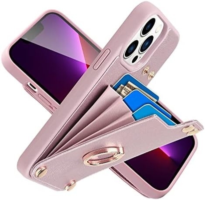Portatori di carte con iPhone 13 Pro Max, portatore di anello rotante a 360°, porta carte in pelle, cover antiurto RFID,