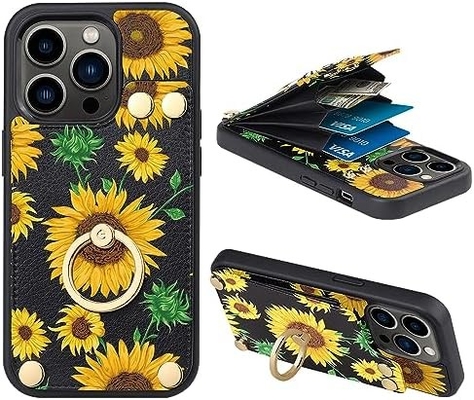 Portatori di carte con iPhone 13 Pro Max, portatore di anello rotante a 360°, porta carte in pelle, cover antiurto RFID,