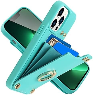 Portatori di carte con iPhone 13 Pro Max, portatore di anello rotante a 360°, porta carte in pelle, cover antiurto RFID,