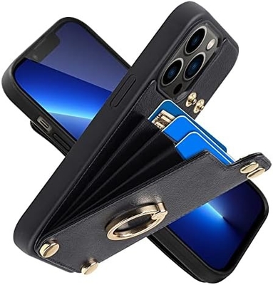 Portatori di carte con iPhone 13 Pro Max, portatore di anello rotante a 360°, porta carte in pelle, cover antiurto RFID,