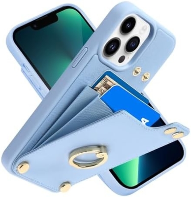 Portatori di carte con iPhone 13 Pro Max, portatore di anello rotante a 360°, porta carte in pelle, cover antiurto RFID,