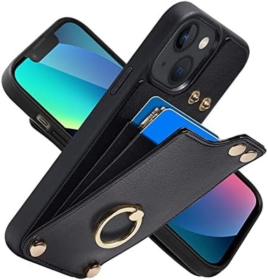 Portatori di carte con iPhone 13 Pro Max, portatore di anello rotante a 360°, porta carte in pelle, cover antiurto RFID,