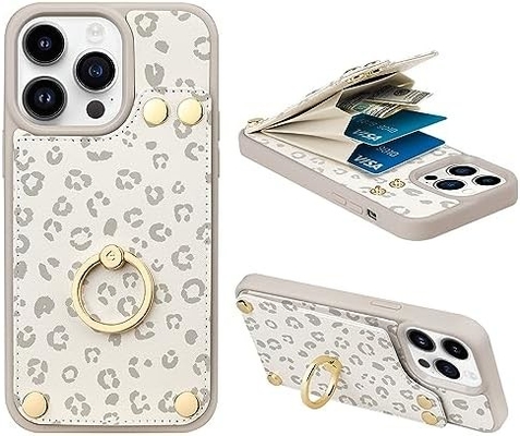 Portatori di carte con iPhone 13 Pro Max, portatore di anello rotante a 360°, porta carte in pelle, cover antiurto RFID,