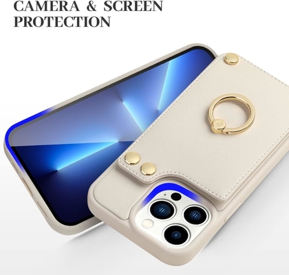 Portatori di carte con iPhone 13 Pro Max, portatore di anello rotante a 360°, porta carte in pelle, cover antiurto RFID,