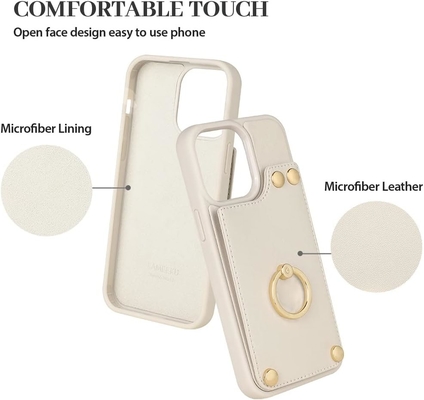Portatori di carte con iPhone 13 Pro Max, portatore di anello rotante a 360°, porta carte in pelle, cover antiurto RFID,