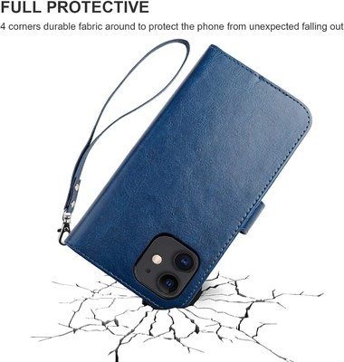 Compatibile con iPhone 12/Pro custodia per portafogli con portacarte supporto in cuoio PU cinghia per polso a prova di urti con conchiglia da 6,1 pollici