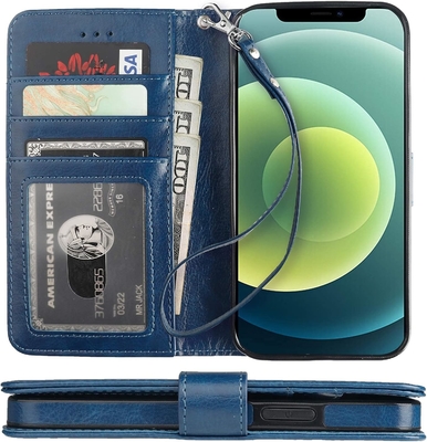 Compatibile con iPhone 12/Pro custodia per portafogli con portacarte supporto in cuoio PU cinghia per polso a prova di urti con conchiglia da 6,1 pollici
