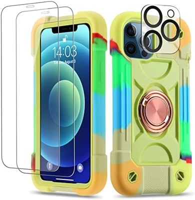 Cassa iPhone 12 Pro Max 6.7&quot; - resistente agli urti, supporto per anelli, schermo di vetro e protettore dell'obiettivo della fotocamera (Rainbow Pink)