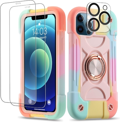 Cassa iPhone 12 Pro Max 6.7&quot; - resistente agli urti, supporto per anelli, schermo di vetro e protettore dell'obiettivo della fotocamera (Rainbow Pink)