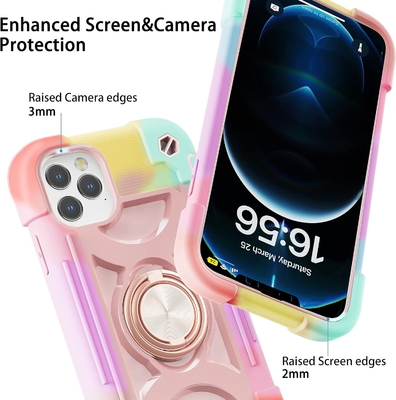 Cassa iPhone 12 Pro Max 6.7&quot; - resistente agli urti, supporto per anelli, schermo di vetro e protettore dell'obiettivo della fotocamera (Rainbow Pink)