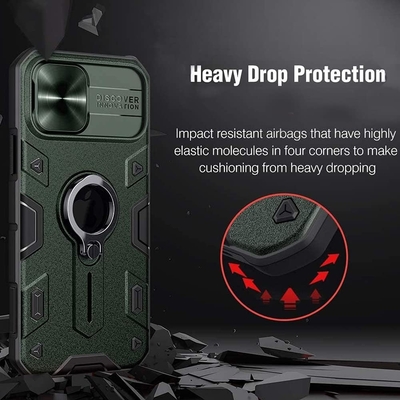 Cassa per iPhone 12 Pro Max con copertina per fotocamera e kickstand, copertina per armatura di grado militare,