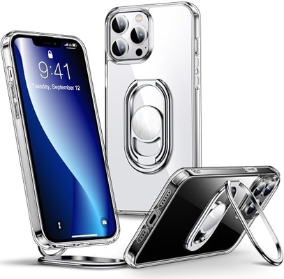 Protezioni per iPhone 12 Pro Max Cassa con supporto, Cassa del telefono chiara con porta anello doppio [regolabile e pieghevole]