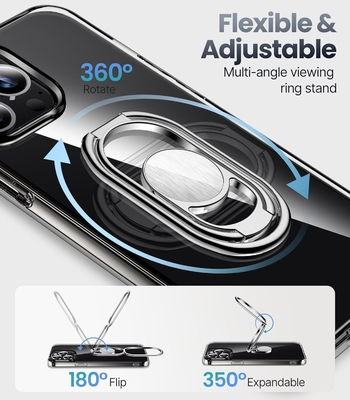 Protezioni per iPhone 12 Pro Max Cassa con supporto, Cassa del telefono chiara con porta anello doppio [regolabile e pieghevole]