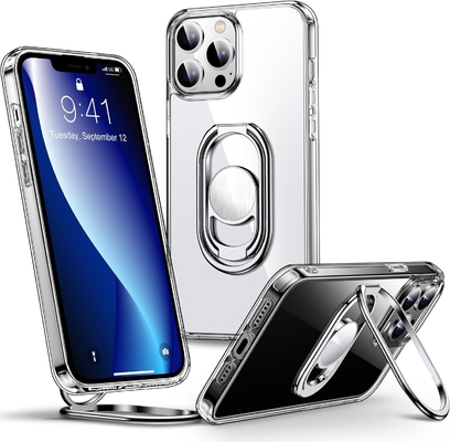 Protezioni per iPhone 12 Pro Max Cassa con supporto, Cassa del telefono chiara con porta anello doppio [regolabile e pieghevole]