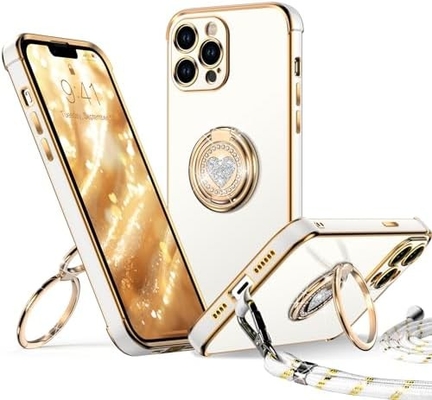 Cassa per iPhone 12 Pro Max con supporto, Cassa per telefono con supporto a doppio anello, Cassa protettiva di lusso per donne