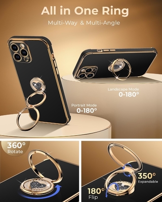 Cassa per iPhone 12 Pro Max con supporto, Cassa per telefono con supporto a doppio anello, Cassa protettiva di lusso per donne