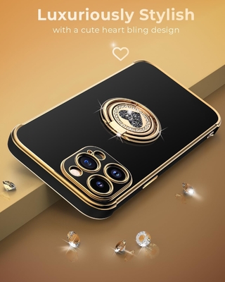 Cassa per iPhone 12 Pro Max con supporto, Cassa per telefono con supporto a doppio anello, Cassa protettiva di lusso per donne