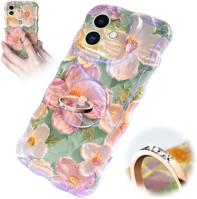 Cassa per iPhone 12 Pro Max Anello, fiore dipinto ad olio Fiore retro colorato cornice ondulata ricciosa Cassa per telefono femminile ragazza