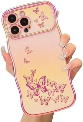 Cassa per telefono per iPhone 13, telaio a onde ricci, lussuoso disegno di farfalla rivestito, cerchiera in oro TPU a prova di urti